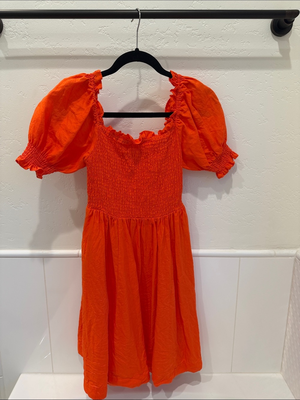 Boden Bright Orange Puff-Sleeve Smocked Mini Dress